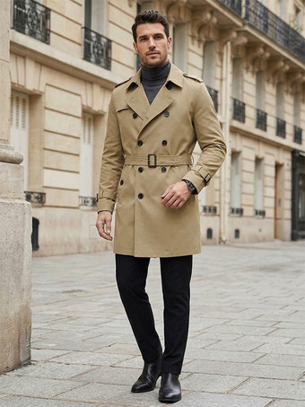 kaki Vestes Hommes Manteaux Col Rabattu Confortable Bleu Foncé Double Boutonnage