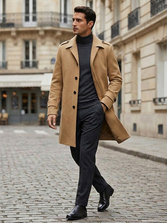 メンズ キャメル シック スリムフィット ロング スリムフィット コート