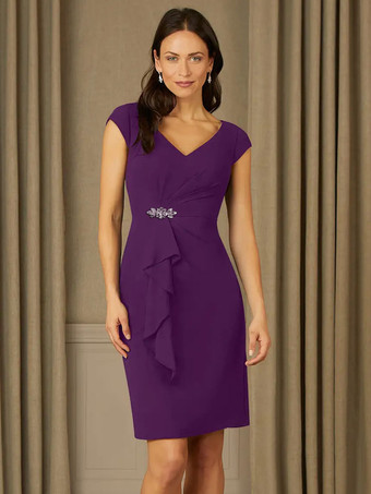 プラムブライダルマザードレス Vネック半袖プリーツラインストーン詳細ゲストドレス結婚式用