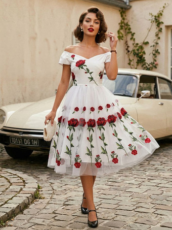 ローズ刺繍入りヴィンテージミディスイングドレス（女性用） - 1950年代風オフショルダー、オードリー・ヘプバーン風Aライン - サマーティーパーティー2026