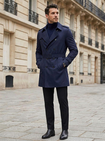 bleu foncé Vestes Hommes Manteaux Col Rabattu Confortable Bleu Foncé Double Boutonnage