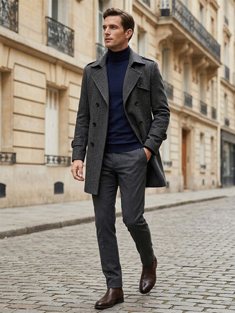 メンズスーツコート ダブルブレスト ベルト付き ノッチドラペルカラー グレー ウールコート