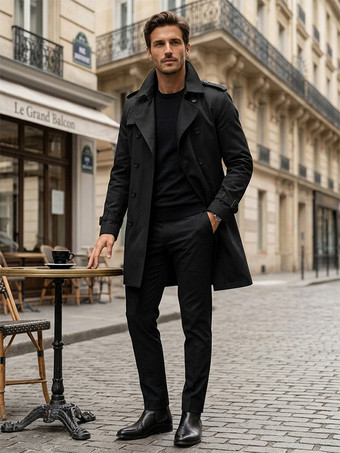 Black Men Belted Long Sleeve Double Breasted Coats