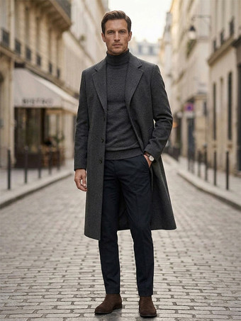 Grigio Cappotti lunghi da uomo con colletto rovesciato vestibilità attillata maniche lunghe monopetto