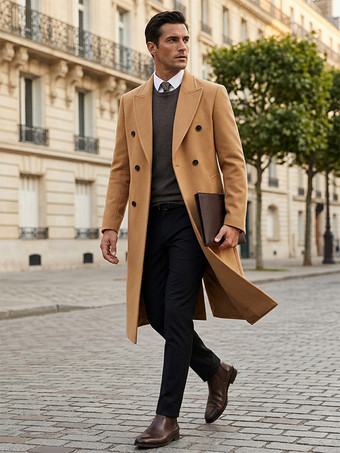 メンズ マキシコート ダブルブレスト シック ブラック スリムフィット ジャケット