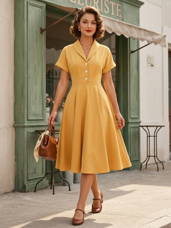イエローヴィンテージ グラマー ドレス ターンダウン カラー ボタン 1950 年代 オードリー ヘップバーン スタイル 半袖 ミディアム イエロー ロカビリー ドレス