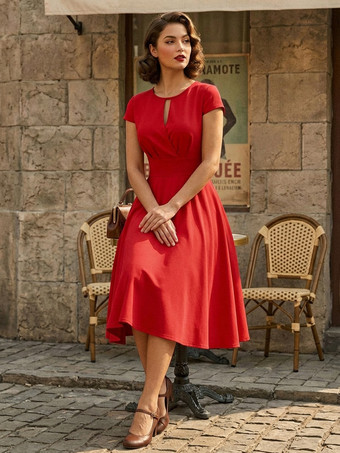 レッド ヴィンテージドレス　1950年代オードリーヘップバーン風　ジュエルネック　カットアウト　半袖　二次会　お呼ばれ　発表会　ミディアムスイングドレス