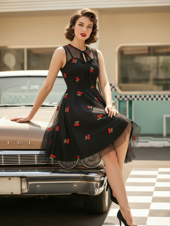 Rot + SchwarzBesticktes Kleid mit Rundhalsausschnitt ärmellos mit Schnürung Retro-Glamour-Kleid