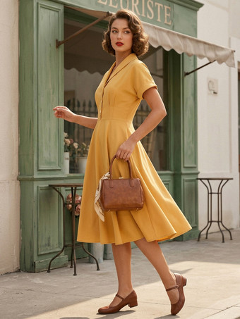 ヴィンテージ グラマー ドレス ターンダウン カラー ボタン 1950 年代 オードリー ヘップバーン スタイル 半袖 ミディアム イエロー ロカビリー ドレス