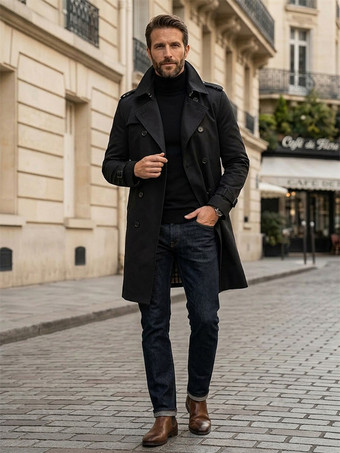 ブラック メンズダブルブレストコート ミドル丈スリムコート ブリティッシュスタイル ウィンドブレーカー