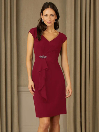 バーガンディーブライダルマザードレス Vネック半袖プリーツラインストーン詳細ゲストドレス結婚式用