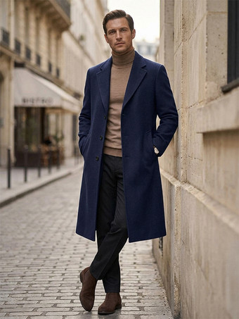 Blu scuro Cappotti lunghi da uomo con colletto rovesciato vestibilità attillata maniche lunghe monopetto