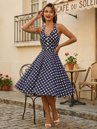 ダークネイビーヴィンテージ 1950年代 ポルカドット ミディ スイングドレス レディース - ホルターネック Aライン ロカビリー ピンナップ サンドレス - ホリデー ピクニック 2026