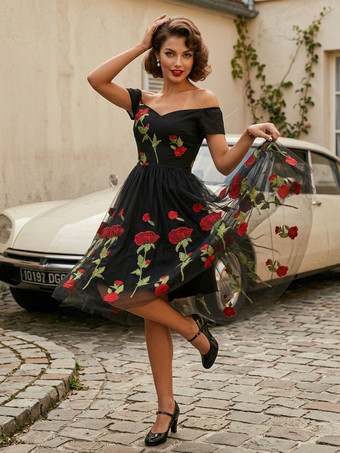 ローズ刺繍入りヴィンテージミディスイングドレス（女性用） - 1950年代風オフショルダー、オードリー・ヘプバーン風Aライン - サマーティーパーティー2026