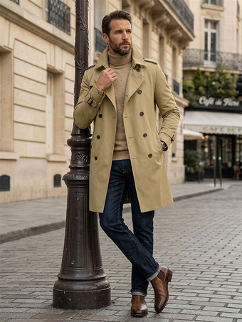カーキ メンズダブルブレストコート ミドル丈スリムコート ブリティッシュスタイル ウィンドブレーカー