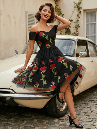 ローズ刺繍入りヴィンテージミディスイングドレス（女性用） - 1950年代風オフショルダー、オードリー・ヘプバーン風Aライン - サマーティーパーティー2026