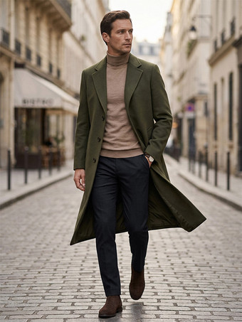 メンズ ロングスーツコート ターンダウンカラー スリムフィット 長袖 シングルブレスト オーバーコート