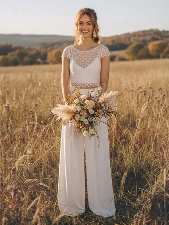 3ピース ウェディングパンツスーツ レース シフォン イリュージョンネックライン フロアレングス ジッパー 半袖