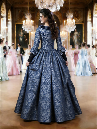 プリンセス 女性用 貴族ドレス 中世 ドレス ダークネイビー 長袖 マットサテン サテン ページェント ドレス ヴィクトリア風 中世 ドレス・貴族ドレス ヨーロッパ 宮廷風 レトロ