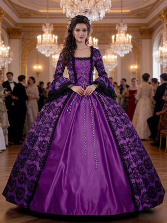 パープル 中世 ドレス 女性用 プリンセス 貴族ドレス パープル 長袖 バロック風 パーティー レトロ ヨーロッパ 宮廷風 中世 ドレス・貴族ドレス