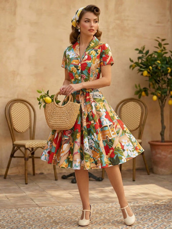 レッド ヴィンテージプリントティーワンピース（女性用） - 1950年代風Aラインベルト付き半袖ロカビリースイングミディドレス - ホリデーピクニック2026