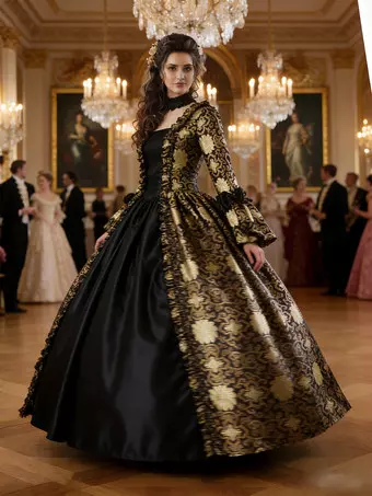 victorian prom dresses Elegant Medieval Vintage Champagne Masked Prom Dresses Ball Gown Bow Lace 3/4 Sleeves Stand Neckline Floor Length Long Formal Dress