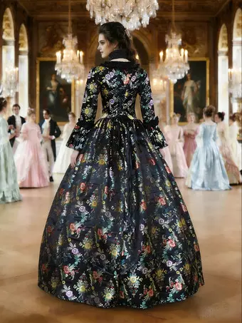 Black Gold Retro Tudor Dress Costumes Girl's Floral Print Marie Antoinette  Costume Lace Up Satin Fabric Set Dress Choker Gothic 18th Century Costume