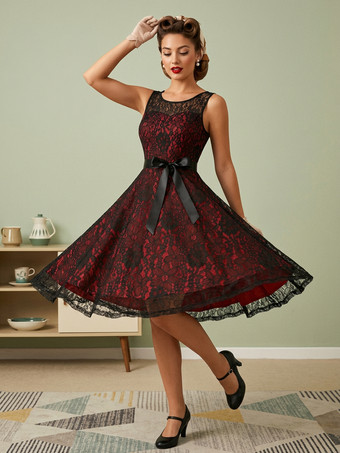 Red Retro Dress Green 1950s Style Two-Tone Sash Sleeveless V-Neck Medium Rockabilly Dress