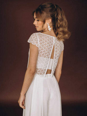 3ピース ウェディングパンツスーツ レース シフォン イリュージョンネックライン フロアレングス ジッパー 半袖