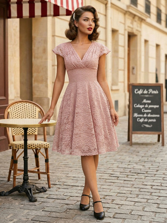 ピンクヴィンテージ 1950年代 ミディ丈 レースドレス レディース - Vネック キャップスリーブ Aライン カクテルドレス プロムドレス - 結婚式ゲスト用 2026