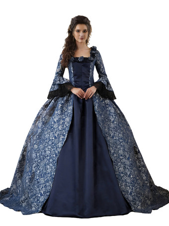 プリンセス 女性用 貴族ドレス 中世 ドレス ダークネイビー 長袖 マットサテン サテン ページェント ドレス ヴィクトリア風 中世 ドレス・貴族ドレス ヨーロッパ 宮廷風 レトロ