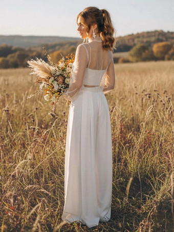 花嫁用ウェディング3ピースパンツスーツ レースシフォン イリュージョンネックライン ジッパー 長袖 フロア丈