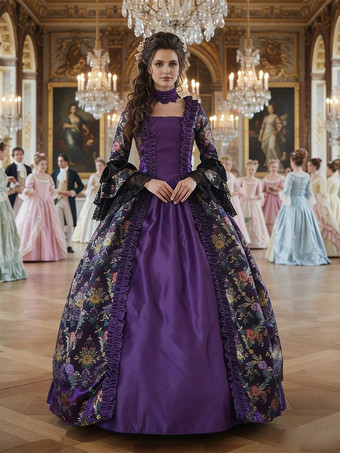 パープル グレープ レトロ コスチューム レースアップ サテン生地 タトゥープリント チョーカー 女の子用 ゴシック マリー アントワネット コスチューム セット 仮面舞踏会 ドレス