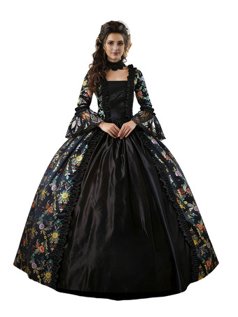 ブラック ゴールド レトロ コスチューム 女の子用 花柄 マリー アントワネット コスチューム レースアップ サテン生地 セット ドレス チョーカー ゴシック 18世紀 コスチューム