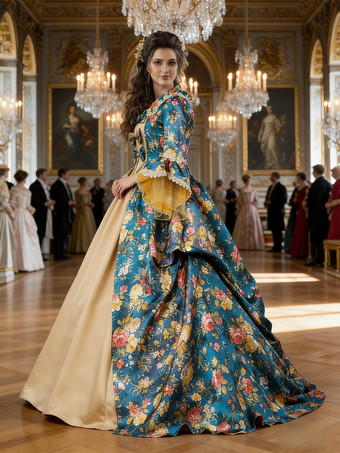 IndacoCarnevale Teal Retro Costumes Donna Floral Print Bow Ruffle Satin Set Marie Antoinette Rococo Costume Dress Costume Halloween