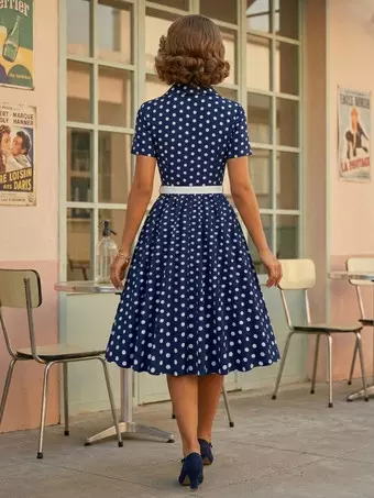 Retro Glamour Dress 1950s Style Turndown Collar Buttons Short Sleeves Polka  Dot Swing Dress - Milanoo.com