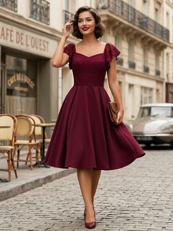 Burgunderrot 50er Jahre Audrey Hepburn Stil Vintage Glamour Kleid Burgund ärmellos V-Ausschnitt Rockabilly Kleid Retro Kleid