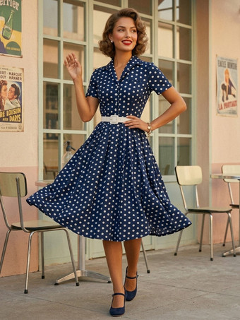 ダークネイビーレトロワンピース 1950年代オードリー・ヘップバーン風 ターンダウンカラー 半袖 水玉 二次会 お呼ばれ 発表会 スイングドレス