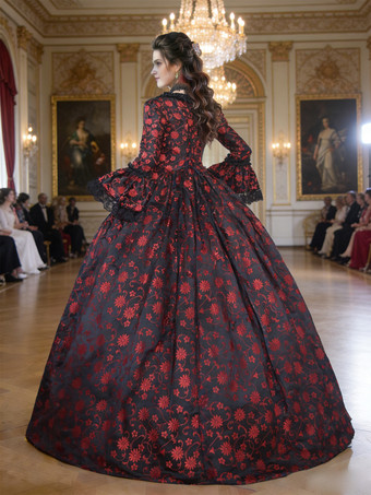 ブラック ゴールド レトロ コスチューム レディース マリー アントワネット コスチューム 花柄 レースアップ サテン生地 セット チョーカー ゴシック 18世紀 コスチューム