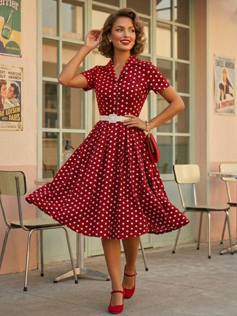 レッド レトロワンピース 1950年代オードリー・ヘップバーン風 ターンダウンカラー 半袖 水玉 二次会 お呼ばれ 発表会 スイングドレス