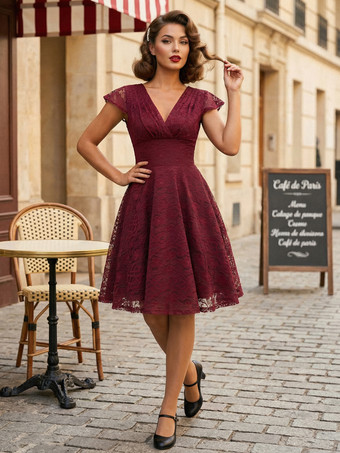 バーガンディーヴィンテージ 1950年代 ミディ丈 レースドレス レディース - Vネック キャップスリーブ Aライン カクテルドレス プロムドレス - 結婚式ゲスト用 2026