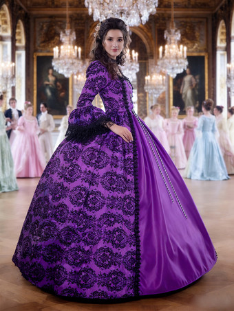 中世 ドレス 女性用 プリンセス 貴族ドレス パープル 長袖 バロック風 パーティー レトロ ヨーロッパ 宮廷風 中世 ドレス・貴族ドレス