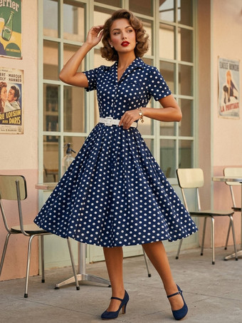 レトロワンピース 1950年代オードリー・ヘップバーン風 ターンダウンカラー 半袖 水玉 二次会 お呼ばれ 発表会 スイングドレス