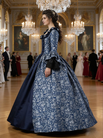 プリンセス 女性用 貴族ドレス 中世 ドレス ダークネイビー 長袖 マットサテン サテン ページェント ドレス ヴィクトリア風 中世 ドレス・貴族ドレス ヨーロッパ 宮廷風 レトロ