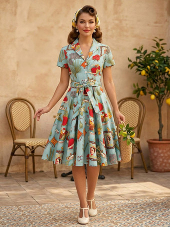 ダークグリーンヴィンテージプリントティーワンピース（女性用） - 1950年代風Aラインベルト付き半袖ロカビリースイングミディドレス - ホリデーピクニック2026