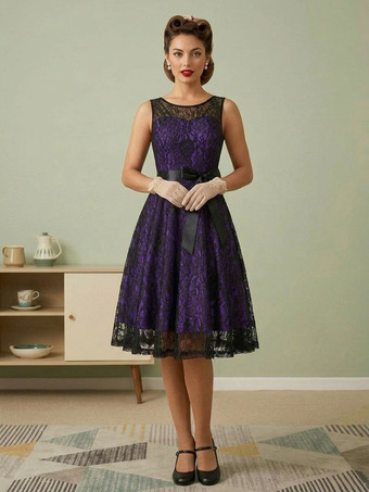 Purple Retro Dress Green 1950s Style Two-Tone Sash Sleeveless V-Neck Medium Rockabilly Dress