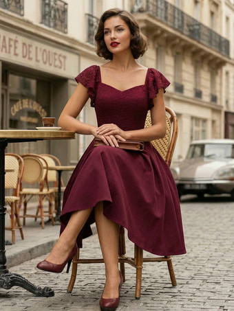 50er Jahre Audrey Hepburn Stil Vintage Glamour Kleid Burgund ärmellos V-Ausschnitt Rockabilly Kleid Retro Kleid