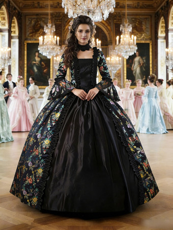 ブラック ブラック ゴールド レトロ コスチューム 女の子用 花柄 マリー アントワネット コスチューム レースアップ サテン生地 セット ドレス チョーカー ゴシック 18世紀 コスチューム