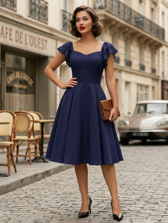 Dunkelmarineblau50er Jahre Audrey Hepburn Stil Vintage Glamour Kleid Burgund ärmellos V-Ausschnitt Rockabilly Kleid Retro Kleid
