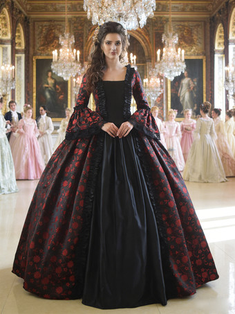 ブラック ブラック ゴールド レトロ コスチューム レディース マリー アントワネット コスチューム 花柄 レースアップ サテン生地 セット チョーカー ゴシック 18世紀 コスチューム